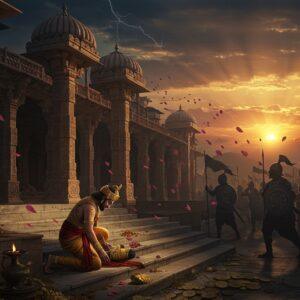 A dramatic scene depicting a royal courtyard at dusk with a crumbling Kanva palace in Madhyadesa, its ornate architecture showing signs of decay with falling pillars and dimming diyas. In the foreground, a defeated Kanva ruler in rich but tattered royal attire (golden dhoti, jeweled crown falling) kneeling on ornate marble steps. Behind him, shadow silhouettes of advancing Satavahana warriors with distinctive tiger emblems on their armor and shields. The sky shows a symbolic split - one half dark storm clouds over the Kanva palace, the other half showing a rising sun with rays of hope over the Satavahana army. Ancient Indian architectural elements like lotus-carved pillars, intricate jali work, and traditional Mauryan-style lion capitals visible in the palace structure. Scattered coins showing Kanva dynasty symbols lying on the steps symbolizing lost wealth. The scene combines Pattachitra art style for the architecture, with hyperrealistic details for the human figures. Rich colors of deep maroon, royal blue, and burnished gold dominate, with dramatic lighting creating strong shadows. Motion blur effect showing the transition of power, with floating flower petals being blown from the Kanva to Satavahana side.