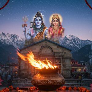 A majestic ancient stone temple in traditional North Indian architecture style, illuminated by a mystical eternal flame in the foreground that casts a golden-orange glow across the scene. The flame burns in an ornate bronze vessel decorated with intricate Sanskrit patterns. Lord Shiva and Goddess Parvati appear as ethereal, semi-transparent divine figures above the temple, with Shiva in his traditional form with matted locks, crescent moon, and third eye, wearing tiger skin, while Parvati appears in a red and gold saree with traditional bridal ornaments. The temple is surrounded by snow-capped Himalayan peaks in the background, with swirling wisps of sacred smoke creating mandala patterns in the air. The scene is set during twilight with a deep blue-purple sky studded with stars. Beautiful lotus flowers and marigold garlands frame the scene, with subtle hints of Madhubani art patterns in the temple's architectural details. Soft particles of divine light scatter around the flame, creating a magical atmosphere. The lighting focuses on the contrast between the warm glow of the eternal flame and the cool mountain atmosphere, emphasizing the temple's spiritual significance.