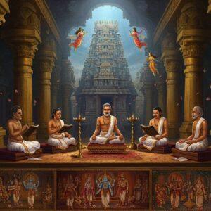 A majestic ancient Tamil scholar assembly set in a grand, ornate hall with towering golden pillars adorned with Chola-style architectural details and intricate Tamil motifs. In the center, five distinguished Tamil poets in traditional white vestis and angavastrams sit cross-legged on elevated platforms, surrounded by palm leaf manuscripts. The scene is illuminated by traditional brass oil lamps casting a warm, ethereal glow. The background features a stylized representation of the ancient Madurai Meenakshi temple spires in deep blues and golds. Floating above are celestial apsaras scattering flower petals. The foreground shows detailed miniature scenes from Silappatikaram portrayed in traditional Thanjavur painting style but with modern digital rendering. The color palette combines rich earthy browns, deep maroons, and vibrant peacock blues with touches of gold leaf effect. The lighting is dramatic with divine rays streaming through temple windows. The scene should have a surreal, dreamlike quality while maintaining historical accuracy in clothing and architecture. Art style merges traditional Tamil temple art with contemporary digital fantasy illustration techniques.