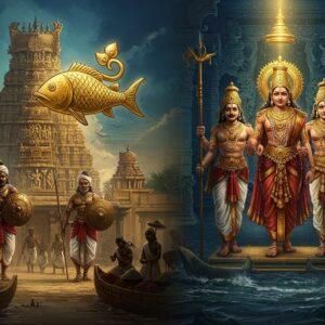 A majestic split-screen composition showcasing two distinct periods of Pandyan grandeur - on the left, ancient Pandyan warriors in traditional Tamil armor with fish emblem shields, wielding vel spears, against a backdrop of 6th century Meenakshi Temple architecture. On the right, the more opulent Second Pandyan era showing elaborately dressed Tamil kings wearing gold ornaments and pearl-studded crowns, surrounded by intricate bronze sculptures and dancing peacocks. The scene is unified by a central golden fish emblem (the Pandyan royal symbol) emanating ethereal light. The color palette features rich deep blues of the ocean, gold of royal wealth, and earthy reds of Tamil soil. Architectural details include lotus motifs, stepped temple towers, and ornate pillars with yaksha sculptures. The foreground shows traders with spice sacks and pearl merchants, symbolizing maritime trade. The entire scene is rendered in a fusion of Chola bronze art style with modern digital art techniques, featuring dramatic lighting, detailed textures, and a mystical atmosphere with subtle glowing elements.