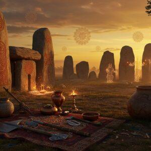 A grand ancient South Indian megalithic burial site at golden hour, featuring massive standing stones arranged in a perfect circle, with intricate Madhubani-style patterns etched on them in deep rust-red and gold. In the foreground, detailed iron tools and weapons with ornate peacock-blue and gold patterns lay ceremoniously arranged on a richly decorated cloth. The background shows towering dolmens silhouetted against a mystical sunset sky in saffron and deep maroon. Ancient pottery vessels with geometric patterns rest near the stones, while ethereal, translucent figures in traditional Iron Age South Indian attire perform sacred rituals. Floating mandalas in glowing copper and bronze hues illuminate the scene. The landscape features historically accurate megalithic monuments like cairn circles and menhirs, with subtle lotus motifs integrated into their structure. The lighting creates dramatic shadows, with soft golden rays filtering through the stones, creating an atmospheric, spiritually charged environment. Hyperrealistic digital art style with surreal elements, emphasizing the blend of historical accuracy and mystical atmosphere.