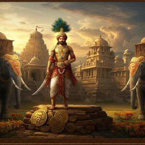 A majestic scene depicting a Kadamba king in ornate golden armor and royal turban adorned with peacock feathers, standing atop the iconic stepped pyramid architecture of Banavasi. He wears traditional Karnataka royal attire with intricate patterns and holds a golden sword. The background showcases a grand palace complex with distinctive Kadamba-style architecture featuring curved roofs and elaborate stone carvings. Two royal elephants decorated with rich embroidered cloths and jewels flank the scene. The foreground displays scattered ancient Kadamba coins with their characteristic symbols, and blooming kadamba flowers in rich orange-yellow hues. Mythical birds and celestial beings are carved into temple pillars visible in the mid-ground. The lighting is dramatic with warm golden sunlight filtering through clouds, casting long shadows across the architectural elements. The scene incorporates Madhubani-style decorative patterns in the borders and Pattachitra-style storytelling elements in the background. The color palette consists of deep royal blues, rich golds, and warm terracotta, with hints of peacock green. Styled as a detailed digital illustration with photorealistic textures and atmospheric lighting.