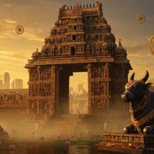 A majestic stone gateway of Warangal Fort at sunset, intricately carved with traditional Kakatiya motifs and sculptures, emerges from a dreamy golden mist. The foreground features a stunning recreation of the Thousand Pillar Temple's iconic black granite Nandi, adorned with ornate jewelry and ceremonial decorations. The scene transitions through time, with the ancient architecture seamlessly blending into modern glass-and-steel buildings in the background. Floating ceremonial lamps and water lilies from Ramappa Lake create a mystical atmosphere. The color palette consists of deep ochre, burnished gold, and royal blue. Traditional Kakatiya medallions and chakras float ethereally in the air, casting golden reflections. Detailed stone craftsmanship shows dancing figures, lotus motifs, and geometric patterns characteristic of Kakatiya architecture. The lighting creates a dramatic interplay of light and shadow, highlighting the architectural details. The scene is rendered in a style merging traditional Indian miniature painting techniques with modern digital art, emphasizing the dynasty's transition from past to present. The atmosphere suggests both grandeur and timelessness.