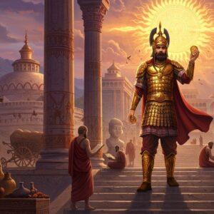 Majestic scene of a Kushan emperor in ornate golden armor with Greco-Buddhist influences, standing atop marble steps of a grand palace, his silhouette illuminated by a massive sun mandala. The emperor wears the distinctive Kushan crown with flames and sun motifs, holding a golden coin in one hand symbolizing trade. The background showcases a seamless blend of architectural styles - Greek columns merging with Indian stupas, decorated with intricate Gandhara art patterns. Multiple layers of visual elements include: trading caravans with silk and spices in the middle ground, Buddhist monks in crimson robes studying scrolls, and artisans crafting elaborate sculptures. The foreground features a detailed rendering of the double-headed eagle Kushan emblem in gold. The color palette combines rich royal purples, deep crimsons, and burnished golds, with subtle Madhubani-style patterns in the borders. Ethereal light streams through the scene, creating a mystical atmosphere while highlighting the cultural fusion. The art style combines hyperrealistic details with traditional Indian artistic elements, featuring a dreamy, cinematic quality with volumetric god rays and subtle particle effects.