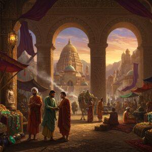 A grand panoramic scene of an opulent Kushan marketplace at dusk, featuring majestic Indian traders in rich golden-threaded robes alongside Central Asian merchants in vibrant silk garments. The foreground shows intricate displays of precious jade, golden Buddha statues, and flowing silk textiles in deep crimson and royal blue. Towering Buddhist-Kushan architecture with distinctive greco-indian influences rises in the background, adorned with detailed carved reliefs and golden spires. Heavily laden caravans with decorated camels and horses traverse through the scene. The lighting creates a dramatic atmosphere with warm golden rays filtering through ornate archways, illuminating the swirling incense smoke. Multiple small vignettes show cultural exchange - Buddhist monks in saffron robes discussing with Greek philosophers, craftsmen working on Gandharan sculptures, and merchants exchanging gold coins. The art style combines traditional Madhubani patterns in the architectural details with modern digital art techniques, using a rich color palette of gold, deep burgundy, and peacock blue. The scene is framed by intricate mandala patterns and lotus motifs, with subtle sacred geometry elements woven throughout the composition.