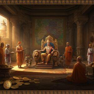 A grand panoramic scene of an ancient Indian royal court with a majestic throne room, featuring ornate pillars adorned with Mauryan-style polish and capital designs. In the center, a regal Indian king wearing a gold-embellished crown and royal attire sits on an intricately carved lion throne, surrounded by ministers in silk robes. The scene includes detailed elements of ancient Indian civilization - golden coins with punch marks scattered in the foreground, traders with silk and spice bundles, and Buddhist monks in saffron robes representing cultural exchange. The background shows a stylized map with major Mahajanapada territories marked by glowing golden borders. Architectural elements include stupas, royal insignias, and carved wooden panels showing court scenes. The lighting is dramatic with warm golden rays filtering through ornate windows, creating a mystical atmosphere. The art style combines traditional Madhubani patterns in the borders with modern digital art techniques, using a rich color palette of deep burgundy, royal blue, burnished gold, and earth tones. The scene includes symbolic elements like peacock throne motifs, lotus designs, and period-accurate weapons and armor displayed on the walls.