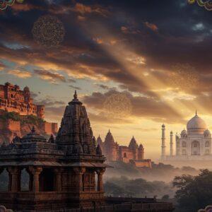 A majestic panoramic view of medieval Indian architecture at twilight, featuring a seamless blend of Hindu and Islamic structures. In the foreground, an intricately carved Hoysala-style temple with detailed sculptures and a pyramidal tower, its stone work illuminated by golden light. To the right, the ethereal Taj Mahal emerges through a subtle morning mist, its white marble dome reflecting soft pink and lavender hues. On the left, the imposing Mehrangarh Fort rises from red sandstone cliffs, its massive walls and turrets silhouetted against a dramatic sky filled with swirling clouds in deep indigo and burnt orange. The scene is unified by floating mandala patterns in gold and peacock blue, interweaving through the structures. Traditional Madhubani-style peacocks and lotus motifs frame the corners. The lighting creates a mystical atmosphere with streams of crepuscular rays piercing through clouds, casting dramatic shadows. The composition includes delicate details like carved jharokhas, geometric Islamic patterns, and Hindu temple spires, all rendered in a style merging traditional Indian art with modern digital sophistication. The color palette features rich maroons, royal blues, burnished golds, and ethereal whites.