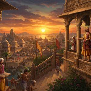 A majestic Indian king from the Maitraka dynasty stands atop a grand stone balcony of Vallabhi palace, wearing an elaborate gold-embellished royal turban and silk robes in deep burgundy and saffron. He's surrounded by intricate Gujarati architectural elements with detailed stone carvings of sun motifs and lotus patterns. The scene shows a bustling 6th-century cityscape below with Buddhist monasteries, Hindu temples, and trading ports visible in the distance. The sky features a dramatic sunset in rich oranges and deep blues, symbolizing both the glory and decline of the dynasty. In the foreground, scholars holding palm leaf manuscripts represent the famous Vallabhi University, while merchant ships in the distant harbor highlight the dynasty's maritime trade. The composition combines Madhubani-style decorative patterns in the architecture with realistic character rendering, enhanced by ethereal golden light. The scene includes subtle details like fluttering royal banners, ceremonial elephants adorned with royal regalia, and traders from distant lands, all rendered in a harmonious blend of deep jewel tones and metallic highlights.