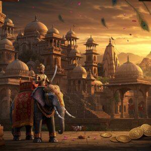 A majestic Indian palace complex in Maukhari architectural style with stepped pyramidal roofs and ornate stone carvings, set against a dramatic sunset sky in deep oranges and golds. In the foreground, a powerful Maukhari warrior king in elaborate armor and crown rides a decorated war elephant, holding a gleaming sword. The elephant features traditional decorative patterns and golden howdah. Behind him, carved stone pillars showcase intricate battle scenes and royal court life in Madhubani art style. The scene includes multiple levels of architecture with detailed jharokhas, archways, and pavilions. Scattered ancient coins bearing Maukhari symbols glint in the light. The color palette features rich royal blues, deep maroons, and burnished golds. Buddhist and Hindu temple spires rise in the background, showing religious harmony. Ethereal lighting bathes the scene in a mystical glow, while floating lotus petals and peacock feathers add movement. The style merges hyperrealistic architectural details with stylized traditional Indian art elements, creating a surreal yet historically authentic atmosphere.