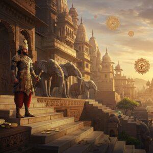 A majestic ancient Indian palace complex with soaring spires and ornate Nagara-style architecture, illuminated by golden sunset light. In the foreground, a powerful Maukhari warrior king stands atop marble steps, wearing elaborate armor with precious gems, golden crown, and holding a gleaming sword. Behind him, intricate carved stone elephants and horses line the palace walls. The scene includes detailed Gupta-era architectural elements with geometric patterns and flourishes. Floating mandalas and sacred symbols in glowing saffron and deep blue hover in the air. The background shows a sprawling ancient city with temples and marketplaces rendered in Madhubani art style. Rich jewel tones of royal purple, deep maroon, and burnished gold dominate the palette. Ethereal light streams through ornamental arches casting dramatic shadows. Small details include period-accurate coins, weapons, and royal insignias scattered throughout. The overall composition suggests both grandeur and decline, with some areas of the palace showing weathering and wear, symbolizing the dynasty's eventual fall. Photorealistic digital art style with dramatic lighting and atmospheric perspective.