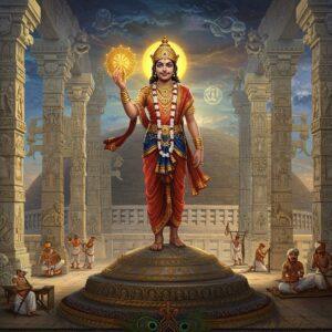A majestic scene depicting Emperor Ashoka standing atop the iconic Sanchi Stupa, wearing royal Mauryan attire with golden embellishments and his signature peacock-feather crown. He holds the Ashoka Chakra in his right hand, glowing with divine energy. The background showcases the grandeur of Mauryan architecture with pristine white marble pillars adorned with lion capitals, stretching into the distance. The foreground features artisans crafting intricate Buddhist sculptures, while merchants trade along the ancient Silk Route. Traditional Mauryan symbols like the dharma chakra, lions, and lotus motifs are woven throughout the scene in gold filigree. The color palette combines rich royal blues, deep maroons, and gleaming gold, with hints of ivory white. The lighting creates a dramatic effect with golden rays filtering through the pillars. The scene is rendered in a fusion of traditional Madhubani art style with modern digital precision, featuring detailed patterns and cultural motifs. Floating ethereal mandalas and spiritual symbols add a mystical dimension, while peacocks with spread feathers add vibrancy to the corners. The overall composition suggests power, spirituality, and cultural richness of the Mauryan era.