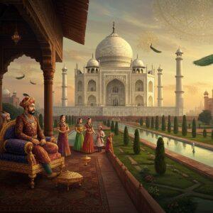 A majestic panoramic view of the Taj Mahal at golden hour, bathed in warm sunlight with intricate Mughal architectural details rendered in precise detail. In the foreground, a grand Mughal court scene with Emperor Akbar seated on an ornate golden throne, wearing a rich brocade sherwani in deep maroon with gold embellishments and his signature emerald turban. Around him, courtiers in detailed period-accurate Mughal attire arrange themselves in classical miniature painting style. The scene incorporates elements of both Rajput and Persian artistic traditions, with detailed geometric patterns and floral motifs in jewel tones of lapis lazuli, emerald, and ruby. Floating above the scene, delicate golden Islamic geometric patterns interweave with Hindu mandala designs. The lighting creates a dramatic atmosphere with soft, ethereal rays filtering through ornate jharokha windows. Peacocks with elaborate plumage perch on marble railings, while fountains with crystal-clear water feature in perfectly manicured Char Bagh gardens. The art style combines hyperrealistic architectural details with stylized traditional Indian miniature painting techniques, rendered in rich, deep colors with metallic gold accents. Atmospheric perspective shows distant minarets and domes shrouded in a subtle golden mist.