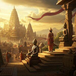 A majestic scene depicting a Pala emperor in rich royal attire (gold-threaded dhoti, jewel-encrusted crown) standing atop ornate palace steps, overlooking a sprawling ancient cityscape of Gauda. The emperor is flanked by intricate copper-bronze Buddhist statues characteristic of Pala art. In the foreground, skilled artisans work on detailed stone sculptures and palm leaf manuscripts. The background shows the famous Somapura Mahavihara monastery with its distinctive architectural style, multiple tiers, and ornate spires reaching into a dramatic sky filled with warm golden light. Flowing silk banners in deep maroon and royal blue catch the wind. The scene incorporates detailed Pala-period motifs, including lotus patterns, Buddhist symbols, and geometric designs. Multiple layers of visual depth show thriving trade caravans, Buddhist monks in saffron robes, and warriors with traditional weapons. The lighting creates a rich, cinematic atmosphere with strong contrast between golden sunlight and deep shadows. The art style combines historical accuracy with a modern, digital fantasy aesthetic, featuring rich jewel tones of peacock blue, deep maroon, and burnished gold. Hyper-detailed architectural elements showcase the grandeur of Pala architecture.