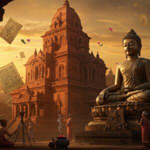 A majestic scene depicting the grandeur of the Pala Empire, featuring a towering, intricately carved Nalanda monastery in traditional red stone architecture with curved Bengali-style roofs, set against a mystical golden sunset. In the foreground, a detailed bronze Buddha statue in Bhumisparsha mudra with serene expression sits on an ornate lotus pedestal, radiating a soft ethereal glow. Around the statue, highly detailed Buddhist manuscripts with palm leaves and colorful Pala-style miniature paintings float gracefully. The scene includes master craftsmen in period-accurate clothing working on delicate metal sculptures and intricate stone carvings. The atmosphere is enhanced by floating lotus flowers, burning incense with trailing smoke forming artistic patterns, and gentle rays of light filtering through ornate temple windows. The color palette focuses on deep browns, rich golds, burnt oranges, and peaceful blues, all rendered in a fusion of traditional Pattachitra style with modern digital art techniques. The composition includes authentic architectural elements like shikhara towers, carved pillars, and geometric Buddhist motifs, all detailed with photorealistic textures yet maintaining a dreamy, spiritual quality.