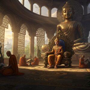 A majestic scene depicting a Pala-era royal court, showing an ornately dressed Indian king seated on an intricately carved bronze throne, wearing traditional Bengali royal attire with gold embellishments. Behind him stands a massive, detailed bronze Buddha statue in Bhumisparsha mudra with characteristic Pala stylistic features - elongated earlobes, curled hair, and serene expression. The scene is set within a grand monastery-palace complex with distinctive curved Bengali architecture, adorned with detailed stone carvings of Buddhist motifs and lotus patterns. Multiple monks in saffron robes study palm-leaf manuscripts while artisans work on delicate bronze sculptures. The lighting is dramatic, with warm golden rays filtering through ornate latticed windows, creating a mystical atmosphere. The foreground features a richly detailed mandala pattern inlaid in the stone floor using lapis lazuli and gold. Artistic style combines traditional Pala period art elements with modern digital fantasy aesthetics, emphasizing rich jewel tones of deep blues, royal purples, and burnished golds. The scene should have a sense of depth with detailed architectural elements fading into a misty background showing monasteries and stupas dotting the landscape. Hyperrealistic rendering with ethereal lighting effects.