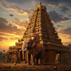 A majestic scene of the Kailasanatha Temple at Kanchipuram during sunset, with intricate Pallava-style architecture featuring multi-tiered vimanas and mandapas carved in golden-hued granite. In the foreground, a regal Pallava king (wearing traditional draped silk garments, crown adorned with precious gems) stands atop an ornate elephant decorated with royal regalia. The king holds a golden sword and royal scepter. Behind him, detailed sculptural panels depicting dancing apsaras and warriors in battle come alive through magical illumination. The scene is framed by towering stone lions (Pallava royal emblem) and flowering champa trees. The sky features surreal elements including constellation patterns from ancient Tamil astronomy and floating lotus mandalas. The lighting is dramatic with golden rays filtering through clouds, casting intricate shadows on the carved walls. The art style merges hyperrealistic architectural details with ethereal Indian miniature painting techniques, using a color palette of deep maroons, royal blues, and burnished gold. Multiple smaller vignettes in mandala frames float in the corners showing ships at Mamallapuram port, Sanskrit scholars, and temple dancers, suggesting the dynasty's cultural achievements.