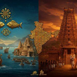 A grand, cinematic split-screen composition showing two majestic South Indian kingdoms - on the left, the Pandya empire represented by their iconic twin fish emblem in gold against a deep ocean blue backdrop, with pearl-laden ships sailing in magnificent ports of Korkai. On the right, the Chola empire showcased through their fierce tiger emblem in bronze against a crimson sky, with the towering vimana of Brihadisvara Temple. The center features a richly detailed gold-inlaid map of South India with intricate Madhubani patterns. Both sides show contrasting architectural marvels - Meenakshi Temple's ornate sculptures for Pandyas and Gangaikonda Cholapuram's grandeur for Cholas. Warriors in period-accurate armor and weapons stand guard on both sides. The scene is illuminated by warm golden light with hints of traditional temple lamp flames. The art style merges hyperrealistic digital art with classical Indian temple art motifs, featuring rich jewel tones of sapphire blue, deep maroon, burnished gold, and emerald green. Ethereal lotus patterns and mandala designs float in the background, while intricate Tamil Brahmi script patterns subtly texture the borders.