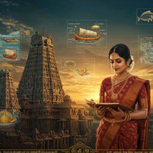 A majestic scene depicting a grand Meenakshi Temple complex in Madurai at golden hour, with its towering gopurams adorned with intricate sculptures in traditional Dravidian architecture style. The foreground shows an elegant Indian woman in a rich silk saree with temple border patterns, wearing traditional Pandyan-era jewelry including nettichutti and temple jewelry, studying ancient Tamil manuscripts. Around her, ethereal, translucent visualizations float showing Pandyan maritime trade routes with golden ships, pearl fishing scenes, and temple architectural blueprints. The scene is illuminated by warm, golden light with subtle lotus motifs and mandala patterns in the sky. The background features a stylized map of ancient Pandyan territory with modern Indian cities softly glowing. The art style combines traditional Dravidian temple art with modern digital aesthetics, using a color palette of deep blues, rich golds, and terracotta reds. Intricate Tamil-Brahmi inscriptions and Pandyan fish emblem are subtly woven into decorative elements. The overall composition suggests a bridge between ancient glory and modern influence, with magical realism elements.