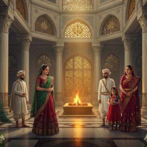 A majestic scene depicting a Parsi Fire Temple (Agiary) with its distinctive architecture, featuring white marble columns and intricate Persian-Gujarati fusion designs. In the foreground, an elegant Parsi family stands wearing traditional attire - men in white dagli and pheta (ceremonial dress), women in ornate garas (traditional Parsi sarees) with distinctive borders in emerald green and deep burgundy with Chinese embroidery motifs. The eternal sacred fire (Atash) glows brilliantly in gold and orange hues within the temple, creating a mystical atmosphere. Surrounding the temple are symbols of Parsi culture - the Faravahar symbol prominently displayed, peacocks in royal blue, and clusters of white jasmine flowers. The background shows glimpses of both Persian and Indian architectural elements merging seamlessly. The lighting is warm and ethereal, with rays of sunlight filtering through ornate jali work, creating patterns on the marble floor. The color palette includes rich golds, deep crimsons, pristine whites, and royal blues. The art style combines hyperrealistic details with traditional Zoroastrian motifs, rendered in a modern digital aesthetic with atmospheric lighting and depth of field.