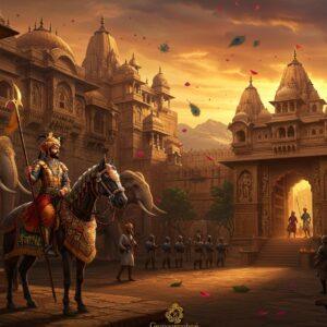 A majestic Indian fortress-palace complex in Gurjara-Pratihara architectural style, with intricate sandstone carvings and multiple levels rising against a dramatic sunset sky in deep oranges and purples. In the foreground, a powerful Pratihara warrior king stands regally on horseback, wearing elaborate armor with Sanskrit inscriptions, holding a golden spear, adorned with precious gems and period-accurate royal insignia. The horse is decorated with traditional military ornaments and battle armor. Behind him, massive stone elephants guard the fortress gates, while detailed sculptures of Hindu deities line the walls. Multiple temple spires with intricate Nagara-style architecture rise in the background. The scene includes Pratihara-era battle formations with soldiers carrying shields and spears in traditional military formations. The artwork combines Madhubani-style decorative patterns in the sky with hyperrealistic architectural details. Ethereal golden light bathes the scene, with floating lotus petals and peacock feathers adding a mystical quality. The color palette features rich maroons, royal blues, and burnished golds, with subtle glowing mandalas integrated into the architectural elements.
