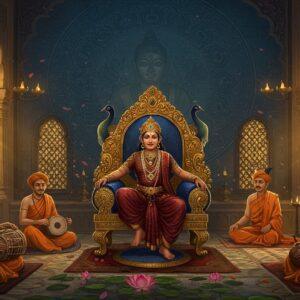 A majestic scene depicting an ancient Indian royal court in the Rai Dynasty style, featuring a noble king seated on an intricately carved golden throne adorned with peacock motifs and precious gems. The king wears a rich maroon and gold ensemble with traditional Indian royal regalia, including a distinctive crown and multiple layers of precious jewelry. Behind him, a massive detailed mandala-style architectural backdrop combines elements of Buddhist and Hindu design, featuring intricate geometric patterns in deep blues and golds. The foreground shows royal courtiers in elaborate period-accurate costumes, musicians with classical Indian instruments, and Buddhist monks in saffron robes. The scene is illuminated by warm, golden light streaming through ornate latticed windows, creating dramatic shadows. The artwork seamlessly blends Madhubani-style detailed patterns with photorealistic textures, incorporating authentic architectural elements from the Rai period. Floating lotus flowers and subtle spiritual symbols add a mystical quality, while maintaining historical accuracy in depicting the court's grandeur. The color palette focuses on rich royal colors - deep maroons, midnight blues, burnished golds, and ivory, with hints of saffron and emerald green.