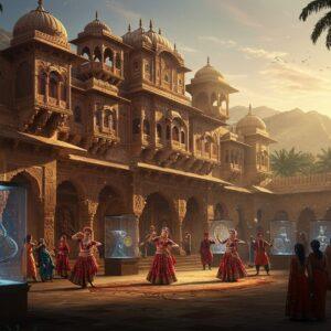 A majestic Indian palace complex in traditional Rai Dynasty architecture style, with intricate curved roofs and ornate spires reaching skyward, bathed in golden sunset light. The palace features detailed stone carvings of elephants, peacocks, and lotus motifs in Madhubani art style. In the foreground, a grand courtyard showcases elegant dancers in traditional Rai period costumes performing classical dance, their jewelry gleaming. The scene includes museum-like displays of preserved artifacts - bronze sculptures, gold coins, and textile fragments floating ethereally, emanating a soft blue glow. Towering palm trees frame the scene while contemporary Indian visitors in modern clothes admire the heritage, creating a bridge between past and present. The color palette combines deep maroons, royal blues, and burnished golds. Mystical light streams through ornate archways, while digital particle effects create a magical, timeless atmosphere. The style merges hyperrealistic architectural details with ethereal, dreamlike elements. The scene is captured from a slightly elevated angle to showcase the grandeur and scale. Soft fog adds depth and mystery to the background mountains.