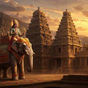 A majestic panoramic view of the Kailasa Temple at Ellora, carved from a single rock, bathed in golden sunset light. In the foreground, a powerful Rashtrakuta warrior king stands atop an ornate elephant adorned with royal regalia, gold embellishments, and flowing silk decorations. The king wears intricate armor with distinctive Rashtrakuta patterns, holding a golden sword and royal insignia. Behind him, the scene transitions into a stylized architectural marvel showcasing the dynasty's accomplishments - grand temples, trade routes, and cultural achievements rendered in Madhubani-inspired patterns. The sky features ethereal clouds forming subtle shapes of the dynasty's territorial expanse. Multiple layers of carved reliefs in the background depict scenes of warfare, commerce, and cultural exchange. The color palette consists of deep royal blues, burnished golds, rich crimsons, and earthy browns. The lighting creates dramatic shadows on the temple's intricate carvings while highlighting the architectural details. The scene is enhanced with floating lotus petals, glowing mandalas, and spiritual motifs that blend seamlessly with the historical elements, creating a surreal yet historically accurate representation.