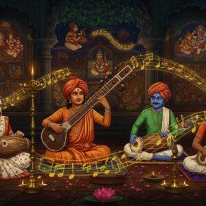 A mesmerizing scene showing five Indian musicians performing in a richly detailed Madhubani-style setting, each representing different regions of India. The central figure plays a golden sitar, wearing a traditional Rajasthani attire with vibrant reds and oranges. To the left, a woman in Bengali white-red saree plays the dotara, while another in Maharashtrian green silk plays the tabla. On the right, a man in Kerala mundu plays the mridangam, and a woman in Punjabi phulkari plays the tumbi. Musical notes flow like golden streams around them, transforming into peacocks and lotus motifs. The background features intricate Pattachitra-style panels depicting historical musical scenes from different epochs. Floating mandalas in deep indigo and burnished gold frame the composition. The lighting is ethereal with soft glows emanating from brass lamps. The color palette consists of deep maroon, peacock blue, saffron, and gold with highlights of turquoise and emerald. The scene is set in a surreal temple courtyard with carved pillars merging into banyan trees. Delicate flower petals and incense smoke swirl in the air, creating a dreamlike atmosphere. Hyperrealistic details in the instruments and faces blend seamlessly with stylized traditional art elements.