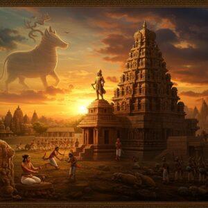 A majestic scene of a Chalukya king in ornate golden armor and jeweled crown, standing atop the iconic Virupaksha Temple at Pattadakal, silhouetted against a dramatic sunset. The temple architecture features intricate Dravidian and Nagara styles with detailed stone carvings. In the foreground, skilled artisans carve elaborate sculptures, while dancers perform traditional routines. The middle ground shows battalions of warriors with spears and elephants, representing military might. The scene transitions from golden prosperity on the left (showing flourishing trade, artisans, and temples) to darker tones on the right (depicting battle scenes and declining ruins). The sky features mystical clouds forming the shape of the Chalukya dynasty's boar emblem. The lighting is dramatic with warm golden rays highlighting the temple spires and royal figure. The art style combines traditional Indian Miniature painting techniques with modern digital art aesthetics, featuring rich colors like deep maroon, royal blue, and burnished gold. Ornate patterns and motifs from Chalukyan architecture frame the scene, with lotus motifs and geometric designs.