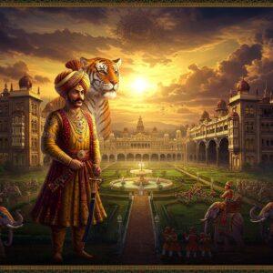 A majestic aerial view of Mysore Palace at sunset, intricately detailed in traditional Indian Pattachitra art style, with golden domes gleaming against a dramatic sky filled with saffron and deep purple clouds. In the foreground, Tipu Sultan stands regally in his royal attire, adorned with precious gems and his signature tiger-striped robe, holding his sword. Behind him, a massive tiger emerges from an ornate mandala pattern. The scene transitions through time, with one half showing the kingdom's prosperity with flourishing gardens, elaborate architecture, and warriors on decorated elephants, while the other half depicts British forces approaching through stylized battle scenes. Rich jewel tones of peacock blue, deep maroon, and gold dominate the composition. Ethereal light rays pierce through the clouds, creating a mystical atmosphere. The border features intricate Mysore-style paintings with motifs of lotus flowers, elephants, and traditional Karnataka symbols. Hyperrealistic digital art style with magical realism elements, cinematic lighting, detailed textures, and atmospheric depth.