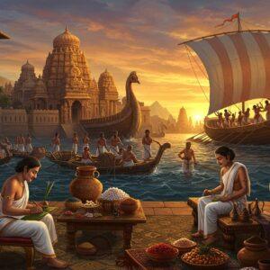 A grand panoramic scene of ancient Tamil civilization, depicting a bustling seaport at sunset with traditional Sangam-era wooden ships adorned with peacock figureheads and colorful silk sails. In the foreground, Tamil scholars in traditional white dhoti and angavastram seated on ornate bronze chairs, writing on palm leaves with styluses. The middle ground shows merchants trading gold, pearls, and spices, their goods displayed on intricately carved wooden platforms. The background features a majestic Pandyan palace with characteristic South Indian architecture, its gopuram decorated with detailed sculptures. The scene is illuminated by warm golden light, with swirling Madhubani-style patterns in the sky. Detailed elements include classical Tamil musical instruments like yazh, traditional pottery with Tamil-Brahmi inscriptions, and dancers performing ancient Tamil dance forms. The color palette includes deep indigo, burnished gold, terra cotta red, and ocean blue. The art style combines hyperrealistic architectural details with stylized decorative elements from traditional Indian art, creating a mystical yet historically accurate atmosphere. The overall composition should have a sense of movement and cultural richness.