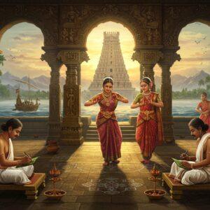 A majestic scene depicting ancient Tamil life during Sangam period, featuring a grand ornate temple courtyard with traditional Dravidian architecture in gold and terracotta. In the foreground, three Tamil scholars in white dhoti and angavastram seated on ornate brass platforms, writing on palm leaves with styluses. Behind them, elegant Tamil women in rich silk sarees performing Bharatanatyam, adorned with traditional temple jewelry and fresh jasmine flowers. The scene includes maritime trading activities visible through archways, showing ancient ships with peacock-shaped prows laden with spices and textiles. Intricate Kolam patterns decorate the stone floor, while towering granite pillars feature detailed sculptures of daily life scenes. The lighting is warm and golden, creating a mystical atmosphere with soft rays filtering through temple windows. The color palette includes deep maroons, ocean blues, rich golds, and earthy terracotta. The entire scene is rendered in a fusion of Tanjore painting style and modern digital art, with intricate patterns and cultural motifs seamlessly integrated into every element. The background shows misty mountains and lush paddy fields, representing the ancient Tamil landscape.