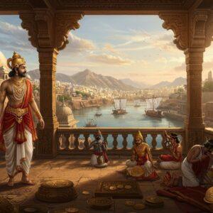 A majestic scene depicting a Satavahana king in elaborate royal attire (gold-embroidered silk dhoti, jeweled crown) standing on an ornate balcony of Pratishthana palace, overlooking a sprawling ancient city. The king wears traditional Satavahana period jewelry including multilayered necklaces and armlets. In the background, merchants trade ships dock at the bustling port on Krishna River, showcasing maritime trade. The foreground shows skilled artisans crafting intricate Buddhist sculptures and striking coins with dynasty emblems. The scene includes architectural elements like stupas, carved pillars with Buddhist motifs, and royal court buildings in authentic Satavahana architectural style. The color palette features rich golds, deep reds, and royal blues. The lighting creates a warm, golden hour atmosphere with sun rays filtering through ornate stone pillars. The art style merges traditional Indian Ajanta cave painting aesthetics with modern digital art techniques, creating a hyper-detailed, cinematic composition. Multiple detailed elements like royal insignias, period-accurate weapons, and authentic clothing patterns are incorporated to maintain historical accuracy.