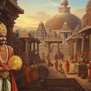 A majestic panoramic view of ancient Satavahana architecture with a grand Buddhist stupa in the background, modeled after Amaravati style, featuring intricate limestone carvings and detailed reliefs. In the foreground, a noble Satavahana king wearing elaborate gold jewelry, pearl necklaces, and silk draped clothing stands regally, holding a gold coin showing ship trade motifs. The scene includes craftsmen carving detailed sculptures, merchants trading exotic goods, and Buddhist monks in saffron robes. The composition incorporates elements of traditional Indian Ajanta cave painting style with rich earth tones, deep reds, and gold accents. Multiple tiers of architecture showcase ornate pillars, gateways decorated with medallions, and narrative friezes depicting daily life. Ethereal golden light bathes the scene, while stylized lotus motifs and peacock designs frame the corners. The art style merges hyperrealistic historical accuracy with Madhubani-inspired decorative patterns, featuring intricate line work and cultural symbols. The atmosphere suggests both grandeur and spiritual depth, with soft glowing highlights illuminating the architectural details.