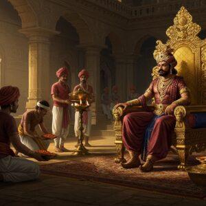 A majestic scene depicting an ancient Indian royal court during the Shaishunaga Dynasty (600-500 BCE), featuring a commanding Indian ruler in regal attire seated on an intricately carved golden throne. He wears a distinctive turban adorned with precious gems and gold ornaments, traditional royal dress with rich silk fabrics in deep maroon and royal blue. The backdrop showcases a grand palace architecture with Mauryan-style pillars and ornate stone carvings. Multiple courtiers in period-accurate clothing are seen presenting tributes. The scene is illuminated by ornate bronze oil lamps casting a warm, ethereal glow. Traditional Magadhan symbols and motifs are woven throughout, including lotus patterns and symbolic elephants. The color palette focuses on rich golds, deep burgundies, and royal blues, with intricate Madhubani-style border patterns. The composition incorporates both grandeur and historical authenticity, with detailed textures in the clothing, jewelry, and architectural elements. The lighting creates a dramatic atmosphere with soft highlights on the metalwork and silk fabrics, emphasizing the dynasty's power and prosperity.