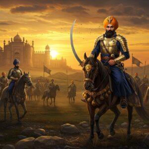 A majestic Sikh warrior on horseback in the foreground, wearing traditional navy blue Khalsa uniform with saffron turban, detailed golden armor pieces, and wielding a gleaming curved talwar sword. Behind him stands a formation of Sikh cavalry soldiers with their distinctive long beards, turbans, and traditional weapons like chakrams and spears against a dramatic sunset backdrop. The scene features the iconic Lahore Fort with its intricate Mughal architecture in the background, partly illuminated by warm golden light. The landscape includes rolling hills and battle flags bearing the Khanda symbol fluttering in the wind. The warriors' horses are adorned with detailed ceremonial armor and caparisons in rich colors of deep blue and gold. The art style combines traditional Sikh miniature painting elements with modern digital art techniques, featuring dynamic lighting, deep saturated colors, and intricate details in the armor and weapons. The overall composition suggests power, discipline, and martial pride, with subtle spiritual undertones through golden auras and mystical lighting effects.