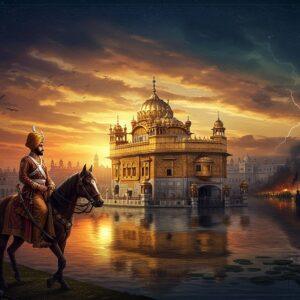 A majestic scene depicting Maharaja Ranjit Singh astride his royal steed in the foreground, wearing traditional Sikh attire with an ornate golden turban adorned with the Koh-i-Noor diamond, wielding his legendary sword. Behind him stands the magnificent Golden Temple of Amritsar reflecting in still waters, its dome gleaming in sunset light. The scene transitions diagonally from prosperity to decline: the left side shows powerful Sikh warriors in elaborate uniforms with matchlock guns and spears, while the right side fades into British troops approaching through battlefield smoke. The sky features intricate Phad-style patterns in deep blues and golds, with subtle mandala designs. Traditional Khalsa symbols like the Khanda and Nishan Sahib are incorporated naturally into the scene. The color palette focuses on royal blues, deep crimsons, and rich golds typical of Sikh art. The lighting is dramatic with ethereal golden rays illuminating the temple while storm clouds gather on the horizon. The art style merges historical accuracy with modern digital painting techniques, creating a cinematic feel while maintaining cultural authenticity.