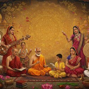 A majestic panoramic scene depicting a diverse group of South Asian people in traditional attire against an ornate backdrop featuring a massive golden mandala. In the center, an elderly Sanskrit scholar in saffron dhoti teaches young students seated on a decorative carpet. To the left, Buddhist monks in maroon robes meditate near a white stupa, while to the right, Muslim scholars in elegant white kurtas study ancient texts near geometric Islamic patterns. Women in colorful regional attire - Bengali sarees, Kashmiri pherans, and South Indian silk - perform traditional dances. The background showcases architectural elements: Indo-Islamic domes, Hindu temple spires, and Buddhist stupas merged seamlessly. Intricate Madhubani patterns frame the scene, with flowing scripts in different South Asian languages forming subtle, ethereal swirls in the air. The lighting is warm and golden, with soft highlights on the faces. Traditional musical instruments like sitar, tabla, and santoor are scattered throughout. Floating lotus flowers, prayer beads, and sacred threads weave through the composition. Style combines hyperrealistic digital art with traditional South Asian art patterns, emphasizing rich jewel tones of deep maroon, royal blue, and gold, with modern gradient lighting effects.