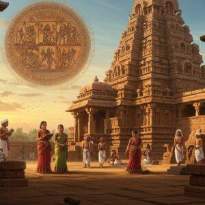 A majestic panoramic scene of ancient Chalukyan civilization, featuring the iconic Virupaksha Temple of Pattadakal in golden hour sunlight, with intricate carved sculptures and geometric patterns. In the foreground, aristocratic Chalukyan figures wearing elaborate silk garments and gold jewelry engage in court activities - scholars with palm leaf manuscripts, dancers in traditional attire, and artisans crafting elaborate stone sculptures. The scene incorporates authentic Chalukyan architectural elements like stepped diamond designs and intricate lotus motifs. The color palette features rich earthy tones - deep reds, burnt orange, and gold, with accents of peacock blue in the clothing. Floating above the scene, a large ornate medallion contains detailed Chalukyan-style artwork showing scenes from the Ramayana. The lighting creates dramatic shadows that highlight the architectural details while giving the scene a mystical quality. Art style combines hyperrealistic architectural details with stylized traditional Indian art elements, rendered in a modern digital aesthetic with atmospheric depth and dramatic lighting. The scene should capture both the grandeur and the artistic sophistication of the Chalukyan era.