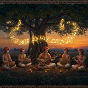 A ethereal scene featuring a group of Indian village musicians performing under a ancient banyan tree at dusk, playing traditional Janapada instruments - a central figure playing the ektara, flanked by musicians with tambura, dhol, and flute. The musicians wear earth-toned traditional village attire with subtle golden highlights. Musical notes visualized as golden, glowing sacred geometric patterns float upward, merging with fireflies in the twilight air. The banyan tree's aerial roots are adorned with small oil lamps creating a warm, magical atmosphere. The background showcases a rural Karnataka landscape with rolling hills and a setting sun casting orange-gold rays. Intricate Madhubani-style border patterns frame the scene, incorporating peacock motifs and lotus designs in deep indigo and burnished gold. The lighting is dreamy and atmospheric with a mix of warm lamp light and cool twilight hues. Rendered in a style blending traditional Indian miniature painting techniques with modern digital art aesthetics, emphasizing rich textures and luminous details.