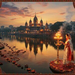 A majestic aerial view of Kolkata's Dakshineswar Kali Temple at golden hour, its nine ornate spires rising against a mystical sky filled with soft pink and orange clouds. The temple complex reflects in the serene Hooghly River, creating a mirror-like effect. In the foreground, an ethereal Bengali woman in a traditional white saree with red border performs aarti, her hands holding a brass lamp with multiple flames. Intricate Madhubani-style patterns frame the scene, featuring delicate lotus motifs in gold and deep maroon. Floating diyas and flower petals dot the river surface, creating trails of golden light. The scene is illuminated by a combination of warm temple lights and the soft glow of dusk. Modern high-rise buildings of Kolkata fade into a dreamy background, creating a beautiful contrast between tradition and modernity. The art style combines photorealistic architecture with surreal lighting and traditional Indian art elements, rendered in rich, deep colors with emphasis on gold, saffron, and peacock blue tones. Smoke from incense creates mystical swirls in the air, adding to the spiritual atmosphere.
