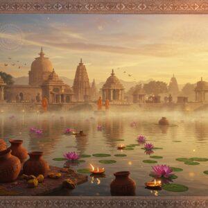 Ancient Indian archaeological site at sunrise, featuring a serene lake with lotus flowers and ceremonial lamps floating on its surface. In the foreground, detailed terracotta artifacts and ancient pottery in rich earth tones, intricately decorated with Vedic symbols. A mystical golden light bathes the scene, with ethereal mist rising from the water. Traditional Indian priests in saffron robes performing sacred rituals near stone structures. Delicate Madhubani-style borders frame the scene, incorporating motifs of rice grains, fish, and water symbols. The sky features subtle mandalas and cosmic patterns in soft pastels. Ancient stupas and temple ruins visible in the background, rendered in warm sandstone colors. Soft glowing orbs of light float around the scene, suggesting spiritual energy. The composition maintains archaeological accuracy while incorporating mystical elements. Hyperrealistic digital art style with ornate details and rich textures. Camera angle: wide atmospheric shot, early morning golden hour lighting.