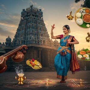 A majestic street scene in Chennai at dawn, with the iconic Kapaleeshwarar Temple's gopuram rising prominently in the background, its intricate carvings detailed in deep blues and golds. In the foreground, a graceful South Indian woman in a traditional Kanjeevaram silk saree in peacock blue and gold, adorned with temple jewelry, jasmine flowers in her hair, performs Bharatanatyam mudras. Around her, elements of Tamil culture float ethereally: a golden veena, steaming filter coffee in brass davara-tumbler, fresh banana leaves with traditional meals, and Kolam patterns that glow with a subtle luminescence. The scene is painted in rich, saturated colors of deep maroon, temple gold, and Krishna blue, incorporating Tanjore painting style with modern digital art aesthetics. Morning light creates a divine atmosphere with soft rays filtering through the temple architecture, while the intricate Kolam patterns on the ground transform into flowing mandalas. The overall composition blends photorealistic elements with mystical surrealism, creating a harmonious fusion of ancient tradition and contemporary artistry.
