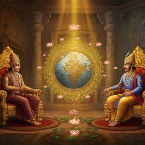 A majestic scene depicting two ornate golden thrones intertwined by sacred threads, representing the Vakataka and Gupta dynasties. On one throne sits a Vakataka ruler wearing deep maroon and gold robes with distinctive Deccani jewelry, while on the other throne sits a Gupta emperor in elegant peacock-blue silk adorned with classical Gupta-style ornaments and the characteristic pointed crown. Between them floats an intricate mandala-style map of ancient India rendered in gold filigree work. The background features the Ajanta caves on one side and Nalanda university on the other, both painted in traditional Madhubani style with rich earth tones. Ethereal light streams through ornate pillars decorated with both Vakataka and Gupta architectural motifs. Multiple floating lotus flowers in saffron and white connect the two sides. The scene is framed by patterns inspired by Ajanta cave paintings and Gupta coin designs. The lighting is dramatic with golden rays highlighting the connection between the two dynasties. Art style combines hyperrealistic details with traditional Indian miniature painting techniques. The overall mood is regal, mysterious, and historically rich with a surreal, dreamlike quality.