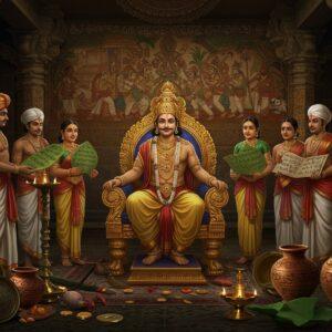 A majestic scene depicting an ancient Vishnukundina royal court set in a grand palace with traditional Andhra architecture, featuring intricately carved pillars adorned with Telugu scripts and motifs. The central figure is a noble Vishnukundina king wearing elaborate gold jewelry, pearl necklaces, and a distinctive crown with precious gems, seated on an ornate golden throne. Around him are court scholars holding palm leaf manuscripts with early Telugu inscriptions. The background showcases a detailed mural in Madhubani-Kalamkari fusion style, depicting scenes of daily life, dance performances, and religious ceremonies. The color palette combines rich royal blues, deep maroons, and burnished gold, with subtle highlights of pearl white. The scene is illuminated by traditional brass oil lamps creating a warm, ethereal glow. Archaeological artifacts like copper plates, coins, and pottery with Telugu inscriptions are artistically arranged in the foreground. The overall composition is framed by stylized temple spires and lotus motifs, with a subtle mandala pattern overlaying the entire scene. Hyperrealistic digital art style with attention to historical accuracy in costumes, architecture, and artifacts, while maintaining a modern aesthetic appeal.