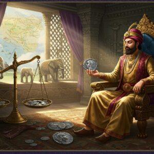 A majestic Indian nobleman in rich Kshatrapa attire (silk robe with intricate patterns, distinctive pointed cap) sits on an ornate throne, examining ancient silver coins in his palm. The coins show detailed portraits with Greek-influenced designs and Brahmi inscriptions. Behind him, a grand chamber decorated with Indo-Scythian architectural elements, featuring carved elephants and horses. A large, ornate weighing scale made of gold sits nearby, with coins scattered on one pan. Soft light streams through latticed windows, creating dramatic shadows. The scene is framed by flowing silk curtains in royal purple and gold. In the background, a partially visible map of ancient Western India with trade routes marked in golden lines. The art style combines traditional Madhubani patterns in the borders with modern digital rendering techniques. The color palette features rich royal blues, deep crimsons, and burnished gold, with subtle metallic highlights on the coins. The lighting is dramatic with a ethereal glow, emphasizing the historical importance and mystique of the scene.