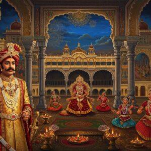 A majestic panoramic view of illuminated Mysore Palace at dusk, with its Indo-Saracenic architecture gleaming in gold and blue lighting. In the foreground, a regal Wodeyar king stands adorned in traditional royal attire - a golden silk sherwani, pearl necklaces, and the distinctive Mysore turban (peta) with precious gems. He holds the royal sword of Mysore in his right hand while his left hand rests on an ornate golden throne. Behind him, intricate Mysore-style paintings depicting court scenes come alive on palace walls. The scene is framed by towering carved pillars with peacock motifs and traditional Mysore-style lotus designs. Floating diyas and flower petals create a magical atmosphere. In the background, classical Mysore dancers perform in traditional attire. The artwork combines photorealistic details with ethereal Indian miniature painting style, featuring rich jewel tones of royal blue, deep crimson, and burnished gold. Soft glowing lights illuminate the scene, while subtle mandala patterns in the sky create a divine atmosphere. The overall composition suggests power, culture, and timeless grandeur.