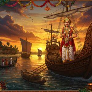 An ancient Indian port city at sunset, featuring a majestic Zamorin king in rich gold-threaded mundu and traditional Kerala jewelry, standing proudly on an ornate wooden Malayalam trade ship with curved bow and intricate carvings. The ship's deck is adorned with spice barrels, silk bundles, and precious gems in Pattachitra art style. Behind him, a bustling harbor shows multiple trading vessels with distinctive red and gold sails, while Chinese and Arab merchants in period-accurate clothing negotiate on smaller boats. The background showcases Kerala's iconic coastline with coconut palms and traditional architecture of sloped tiled roofs. The sky features dramatic clouds in deep oranges and purples, with intricate Madhubani-style patterns. Golden light reflects off the Arabian Sea, creating a luminous effect. Floating spice garlands and incense smoke add mystical elements, while peacock motifs and lotus designs frame the scene. The artwork combines hyperrealistic maritime details with traditional Indian art elements, maintaining historical accuracy in ship design and royal regalia. The lighting is warm and ethereal, emphasizing the golden hour glow on the water.