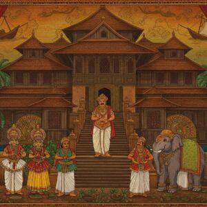A majestic scene depicting a regal Zamorin ruler in traditional Kerala attire (rich gold-bordered mundu and angavastram) standing atop the ornate steps of a grand Malayalam architecture palace, adorned with intricate wooden carvings and copper-roofed structures. The ruler wears authentic Kerala-style gold jewelry including aramani (waist chain) and traditional headgear. In the foreground, a detailed Madhubani-style illustration shows classical Kathakali dancers in vibrant costumes, Kerala temple elephants with golden nettipattam, and Mohiniyattam performers in white and gold. The background features a stylized Kerala landscape with backwaters, coconut palms, and Chinese fishing nets rendered in deep peacock blues and emerald greens. Soft golden light bathes the scene, creating an ethereal atmosphere. The architectural details include typical Kerala elements like sloped roofs, carved wooden pillars, and traditional Malayalam motifs. The entire composition is framed by intricate mandala patterns incorporating symbols of trade like spice boats, pepper vines, and textile patterns in rich maroon, saffron, and gold hues. The art style merges traditional Kerala mural art techniques with modern digital aesthetics, featuring both sharp details and dreamy, atmospheric elements.