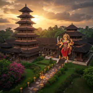 A majestic aerial view of Thirumandhamkunnu Temple during golden sunset, featuring its traditional Kerala architectural style with multiple-tiered copper-plated roofs and intricate wooden carvings. The temple sits atop a verdant hillock, surrounded by lush tropical foliage and flowering champaka trees. In the foreground, a beautifully detailed stone pathway leads to the temple, lined with traditional brass vilakkus (lamps) emitting ethereal golden light. The main shrine dedicated to Goddess Bhadrakali is visible, depicted in a serene form with four arms holding sword, shield, lotus, and blessing mudra, adorned in a rich red and gold kasavu saree with traditional Kerala temple jewelry. Soft rays of light filter through clouds, creating divine beams that illuminate the temple structure. The scene incorporates mystical elements like floating lotus petals and subtle mandala patterns in the sky. The color palette features deep maroons, burnished golds, forest greens, and Kerala-specific architectural browns. The overall composition blends Madhubani-style decorative patterns in the vegetation with the authentic Kerala temple architecture style, creating a harmonious blend of traditional and contemporary aesthetic elements.
